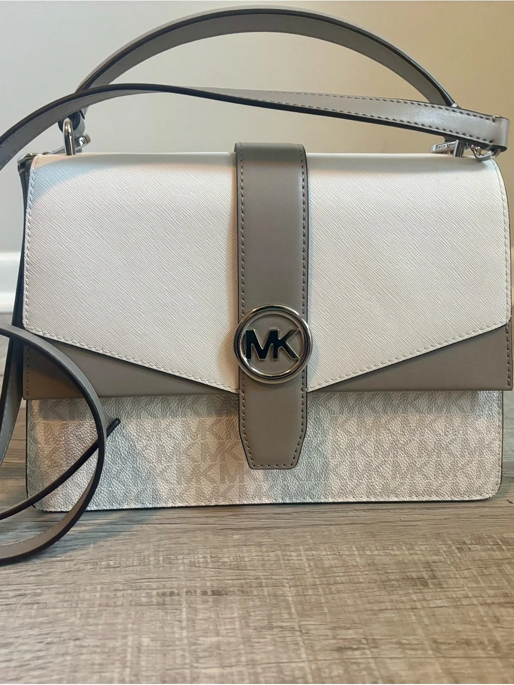 Michael Kors White and Gray MK Logo Top-Handle Crossbody